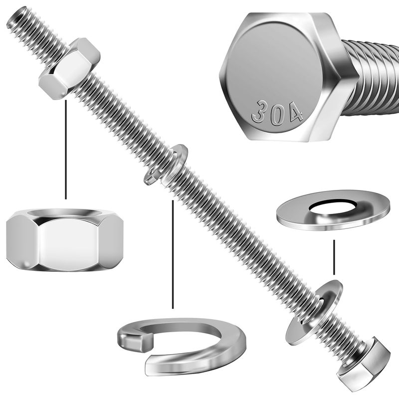 MYWISH (10 Sets) 1/4-20x4 Hex Head Assorted Screws Nuts and Bolts with Flat & Lock Washers, 304 Stainless Steel 18-8, Fully Threaded, 1/4 Bolt Metric Bolt Assortment - Image 3